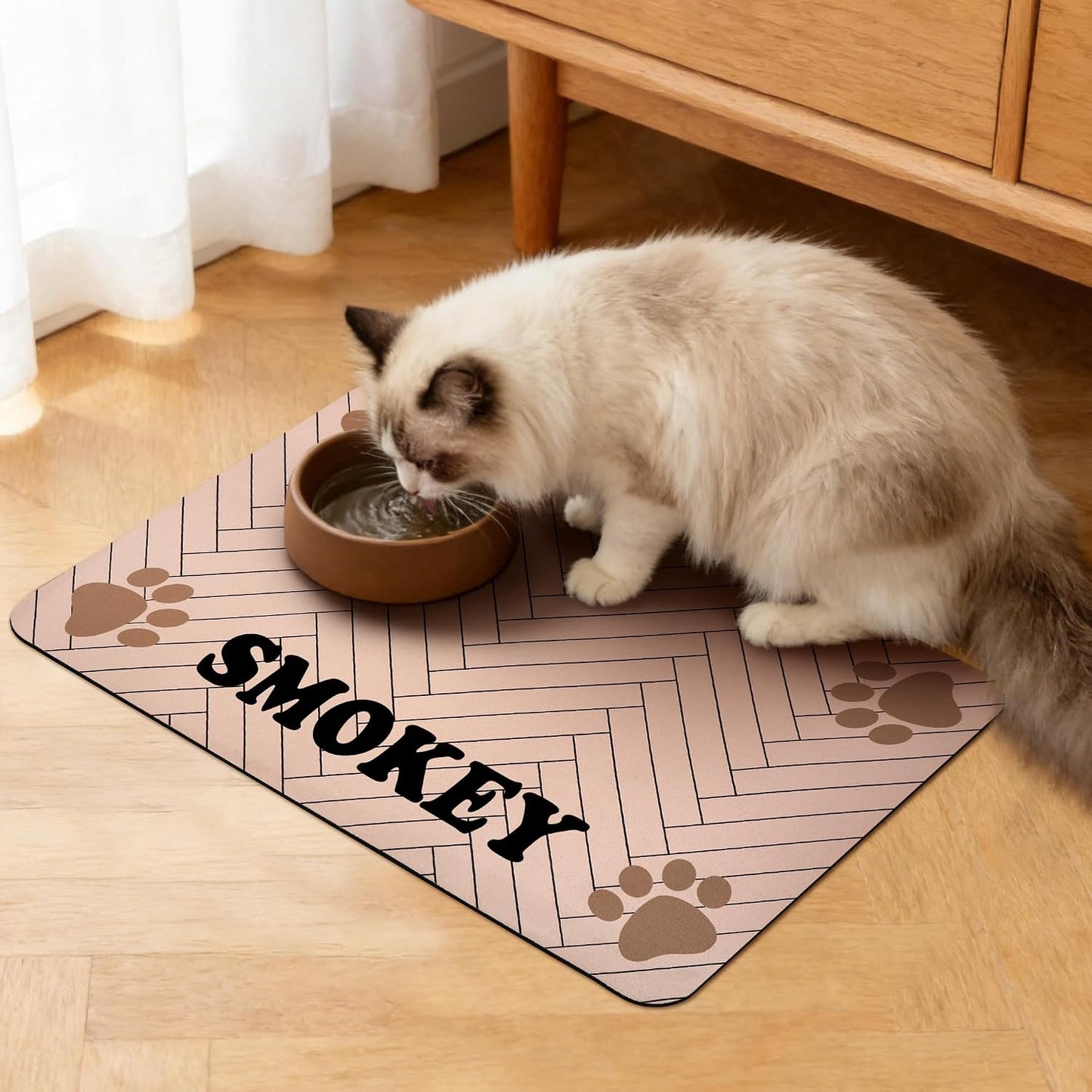 Personalized Pet Food Mat for Dog, Custom Name Absorbent Placemat for Water Bowl, Non-Slip Rubber Backing, Quick Dry Water Dispenser Mat, 17.7"x11.8", Pink