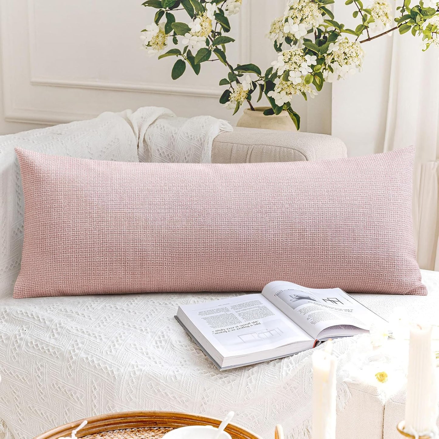 OTOSTAR Linen Throw Pillow Cover Set of 1 Decorative Long Lumbar Pillowcase Rectangle Cushion Cover 14x36 Inch for Home Decor Sofa Bedroom Car 35 x 90CM Pink