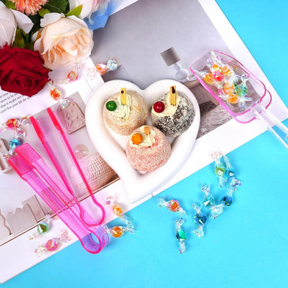 12Pcs Clear Plastic Ice Scoops Tongs Set, Small Tongs for Serving Food, Mini Candy Scoops for Candy Buffet Dry Goods Freezer Bin Canisters (Clear Pink)