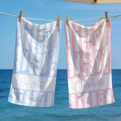 Personalized Ribbon Bow Beach Towel for Women and Girls Custom Name Striped Pattern Pastel Blue Pink Green Microfiber Large Absorbent Bath Towel for Pool Spa Travel Coquette Aesthetic Gift