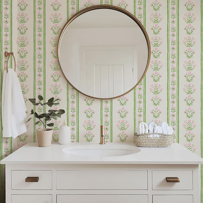 RollsRolla Green Stripe Peel and Stick Wallpaper Featuring Pink Floral, Vintage Farmhouse Inspired Renter Friendly Wallpaper, Cute and Whimsical Style for Girls Room, Bathroom, Laundry Room