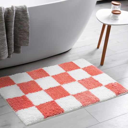 Tititex Luxury Coral White Checkered Grid Bathroom Rug, 16"x24" Classic Checkerboard Extra Soft and Absorbent Microfiber Bath Rugs, Non-Slip Plush Shaggy Bath Carpet for Bathroom Floor