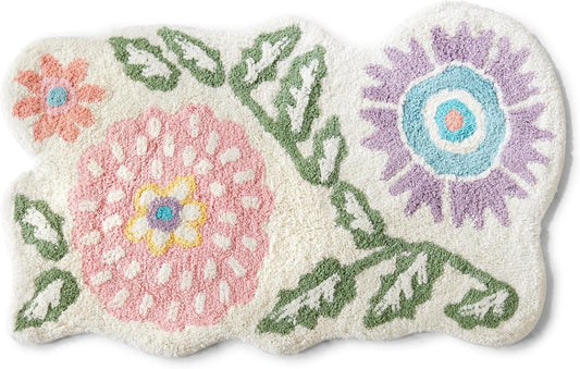 Market & Place Floral Bath Rug, White Pink and Green Bathroom Mat, Cute Bathroom Decor for Tub and Shower, Cotton Tufted Absorbent Bath Mat, 20" x 32"