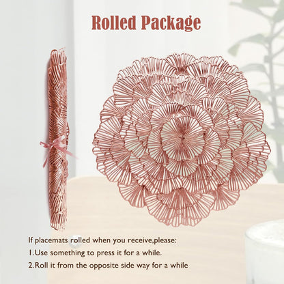 Round Placemats, Gold Ginkgo Leaf Pattern, Vinyl Material, 15 Inch Diameter,Washable Non-Slip, Decorative Table Setting, Set of 6 (6, Rose Gold)