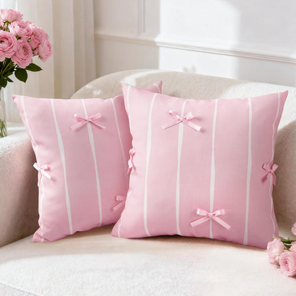 AELS Pink Bow Striped Decorative Valentine Throw Pillow Covers 18x18, Set of 2, Bowknot Pillow Case, Cute Cushion Case for Bed Couch Sofa, Pink and White Stripes, Covers Only