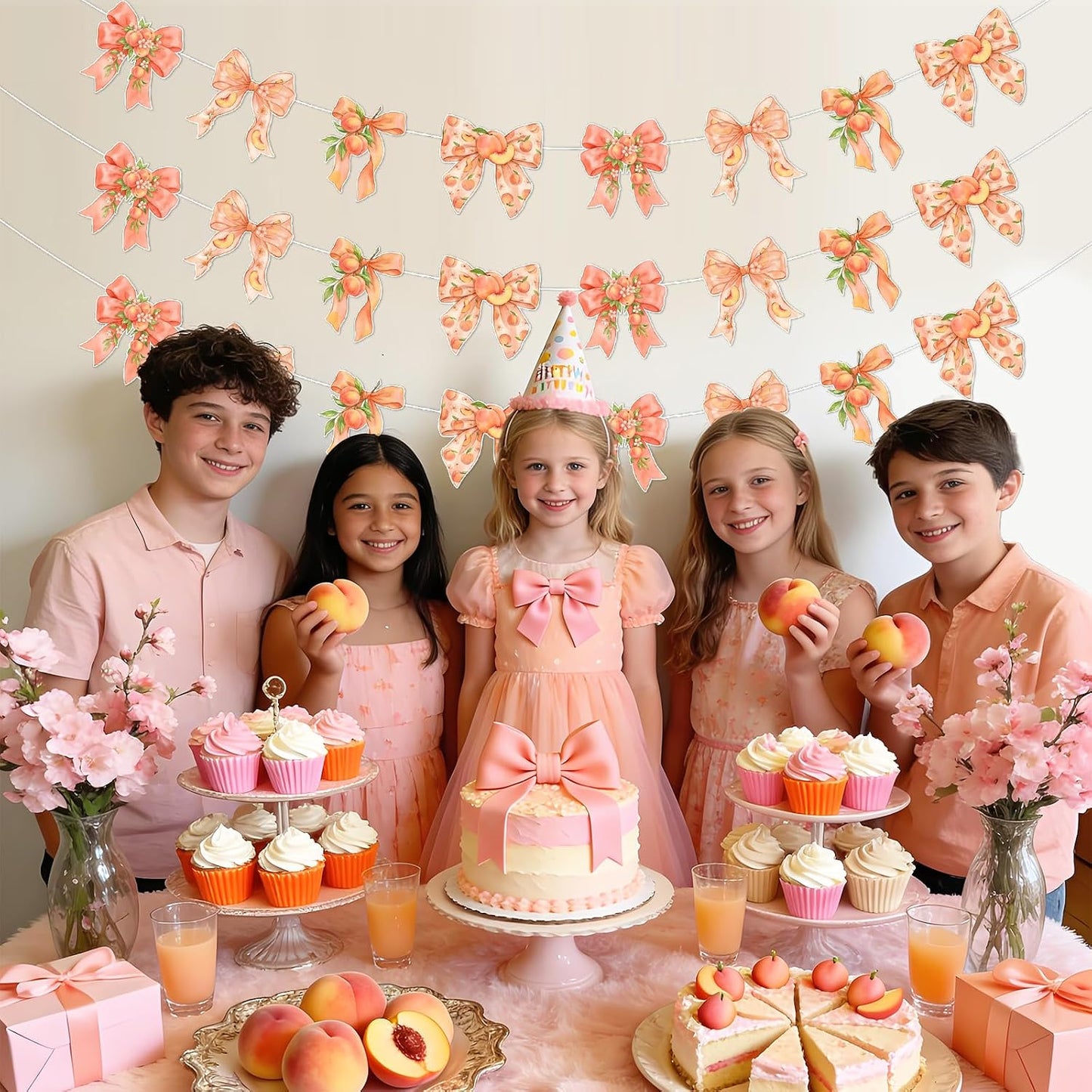 TWO WILD Bow Peach Party Decorations Garland Set for Girls Birthday Party or Baby Shower Decor, 3pcs Fruits Theme Hanging Banner for Entryway, Dessert Table, Photo Wall Decor Display Area