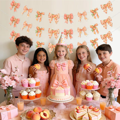 TWO WILD Bow Peach Party Decorations Garland Set for Girls Birthday Party or Baby Shower Decor, 3pcs Fruits Theme Hanging Banner for Entryway, Dessert Table, Photo Wall Decor Display Area