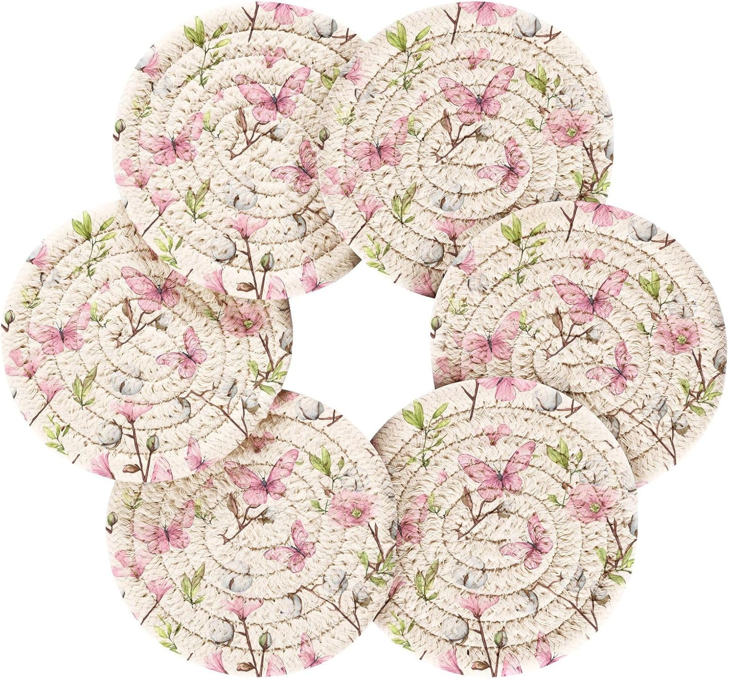 Pink Butterfly Flower Pattern Coasters Set of 6 with Holder Absorbent Round Coasters for Wooden Table Tabletop Protection Party Christmas Decor House Warming