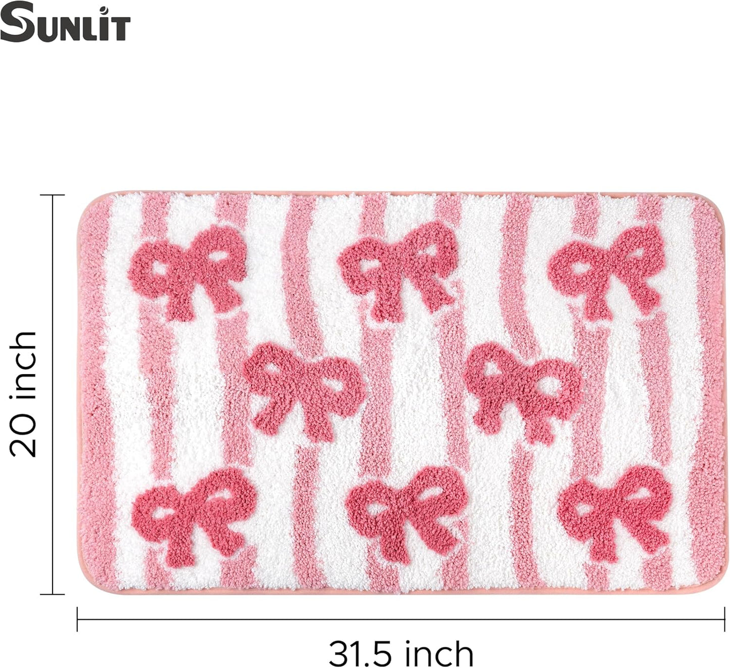 Sunlit Cute Bow Bathroom Rugs 32x20, Coquette Pink Bow Rug for Bedroom, Extra Soft Super Absorbent Bath Mat Quick Dry, Shaggy Bath Rug Non-Slip Washable Bathroom Floor Mat, Pink Stripe