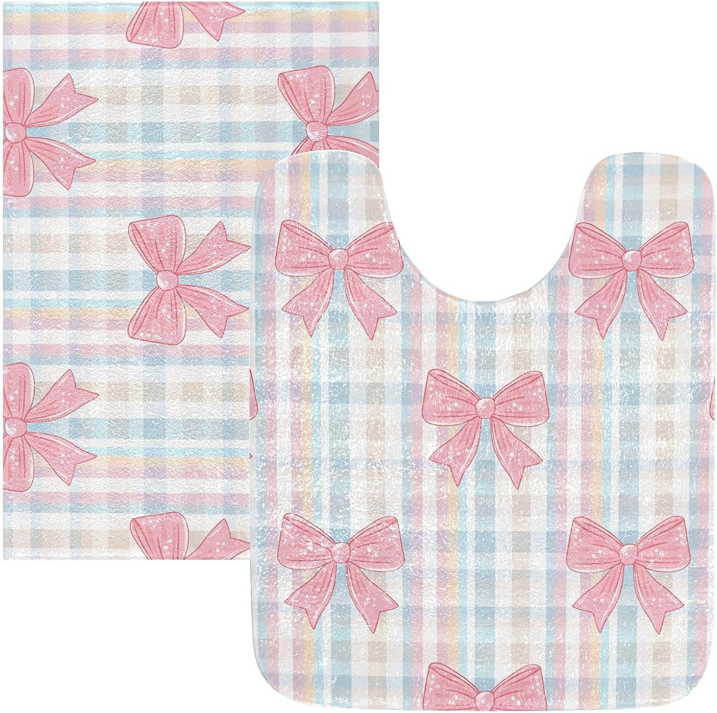 Pink Bows Checkered Bathroom Rug, Non Slip Dry Quickly Bath Mat, Absorbent Soft Bath Rug, Home Decor Accessories, 24"x16"