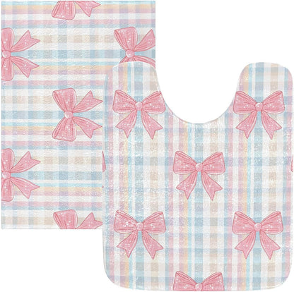 Pink Bows Checkered Bathroom Rug, Non Slip Dry Quickly Bath Mat, Absorbent Soft Bath Rug, Home Decor Accessories, 24"x16"
