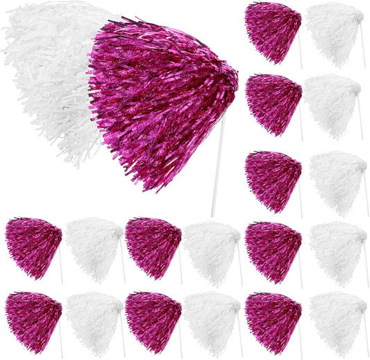 Vinsot 20 Pcs Pink White Cheerleading Pom Poms Bulk Metallic Foil Pom Poms with Plastic Long Handles School Spirit Shakers for Spirit Sports Team Squad Dance Football Basketball Club Celebration