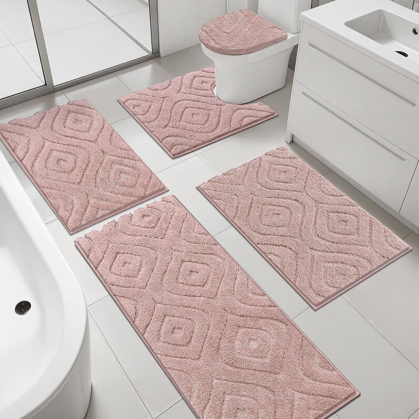 Ileading Bathroom Rugs Sets 5 Piece, Ultra Soft Absorbent Bath Mat for Bathroom, Non Slip Washable Bath Rug Set with Toilet Cover, Plush Bath Runner and U-Shaped Contour Toilet Rug, Pink