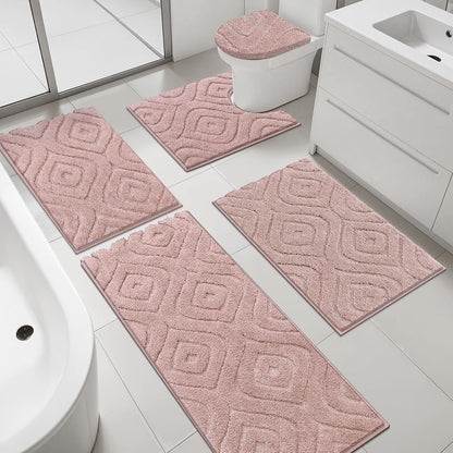 Ileading Bathroom Rugs Sets 5 Piece, Ultra Soft Absorbent Bath Mat for Bathroom, Non Slip Washable Bath Rug Set with Toilet Cover, Plush Bath Runner and U-Shaped Contour Toilet Rug, Pink
