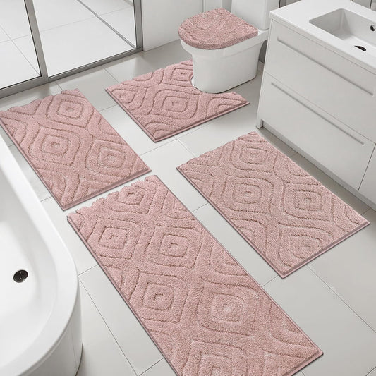 Ileading Bathroom Rugs Sets 5 Piece, Ultra Soft Absorbent Bath Mat for Bathroom, Non Slip Washable Bath Rug Set with Toilet Cover, Plush Bath Runner and U-Shaped Contour Toilet Rug, Pink