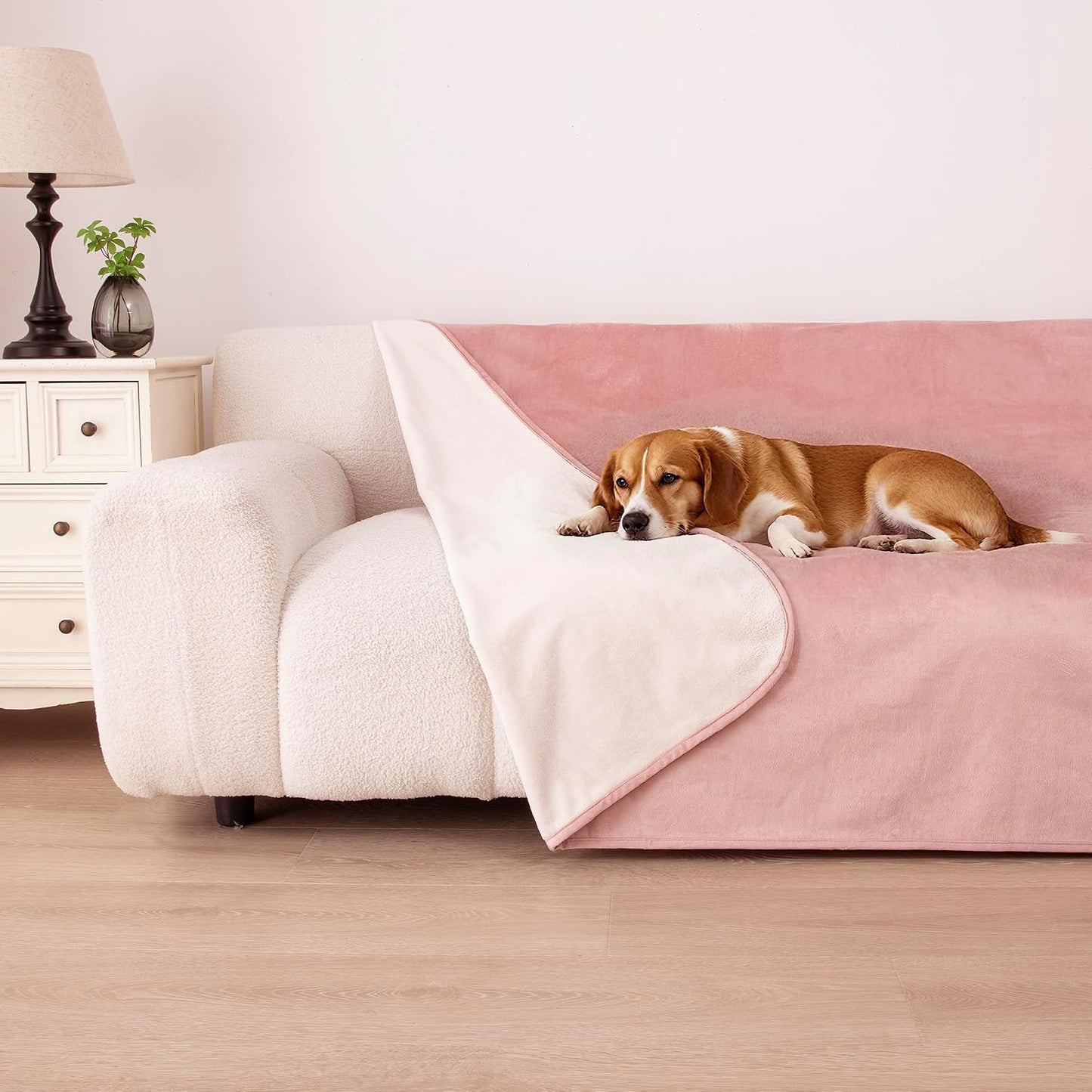 Waterproof Dog Blanket for Couch, Reversible Pet Throw Blankets Leak Proof Sofa Bed Protector for Furniture Machine Washable-68x82,Pink+Cream