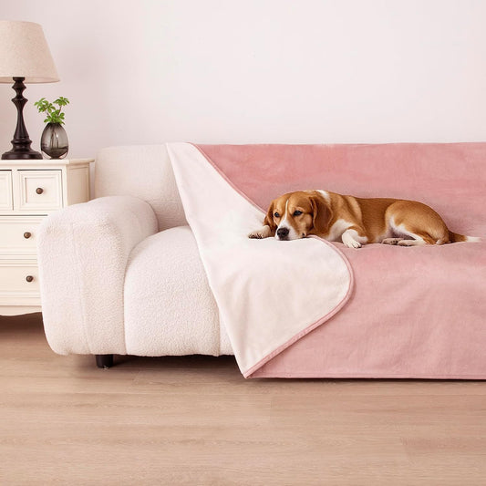 Waterproof Dog Blanket for Couch, Reversible Pet Throw Blankets Leak Proof Sofa Bed Protector for Furniture Machine Washable-68x82,Pink+Cream