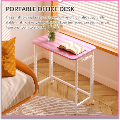 4NM 23.6" Mobile Small Rolling Computer Desk, Folding Laptop Cart Table with Wheels, Portable Office Desk for Small Space Couch Bed - Pink and White