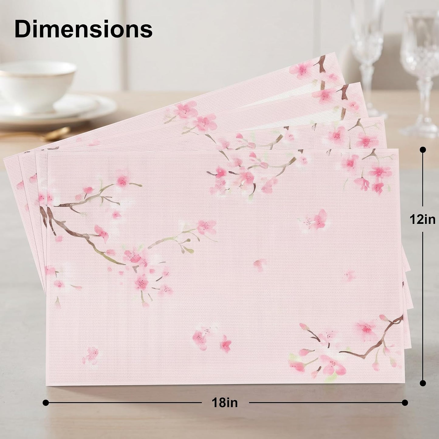 Topadorn Pink Cherry Blossom Placemats Set of 4, 18 x 12 Inch Woven Vinyl Placemats for Dining Table, Washable Heat Resistant Sakura Floral PVC Table Mats for Kitchen Patio
