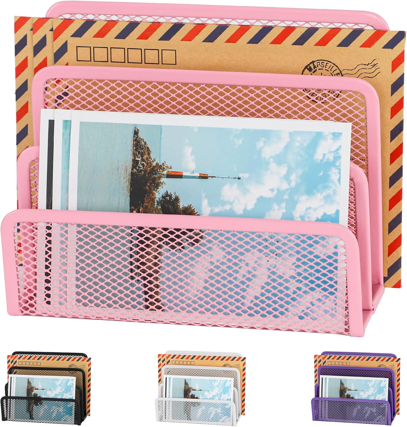 EASEPRES Desk Mail Organizer, Office Small Desktop Metal Mesh Envelope Letter Sorter Paper File Holder Organizer with 3 Vertical Upright Compartments, Pink 1 Pack