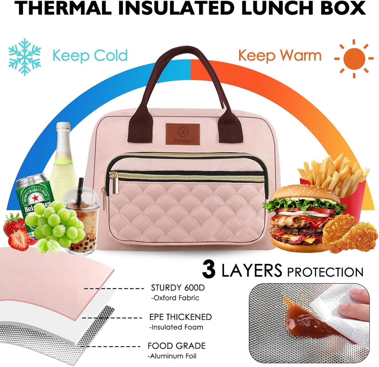 Genteen Lunch Box for Women Girls Teens,Insulated Adult Lunch Boxes for Women,Reusable Cute Lunch Bags for Work,High Capacity Tote Lunchbox Cooler for Office Travel Picnic School-Pink