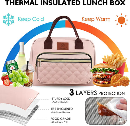 Genteen Lunch Box for Women Girls Teens,Insulated Adult Lunch Boxes for Women,Reusable Cute Lunch Bags for Work,High Capacity Tote Lunchbox Cooler for Office Travel Picnic School-Pink