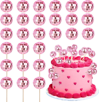 24 Pack Disco Ball Cake Toppers 1970s Disco Cake Picks for Night Fever Mirror Ball Party Theme 1970s Birthday Cake Decorations Party Supplies Pink