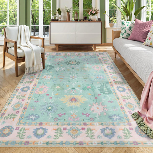 LIVEBOX Washable Oushak Rug, Non Slip 5 x 7 Area Rug for Bedroom, Turkish Pink Floral Boho Rugs Vintage Mat, Soft Pastel Dining Room Rugs Indoor Carprt for Living Room, Baby Kids Nursery Room Decor