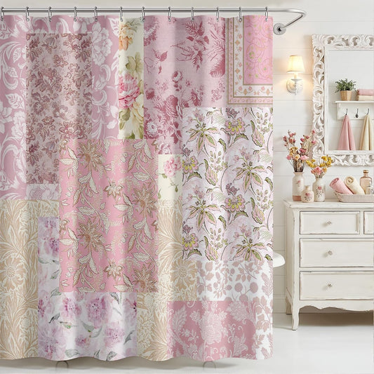 Mocsicka Pink Vintage Boho Shower Curtain Retro Floral Shower Curtain Boho Floral Bathroom Decor Waterproof Mid Century Farmhouse Flowers Patchwork Bath Curtain 72 X 72 Inch