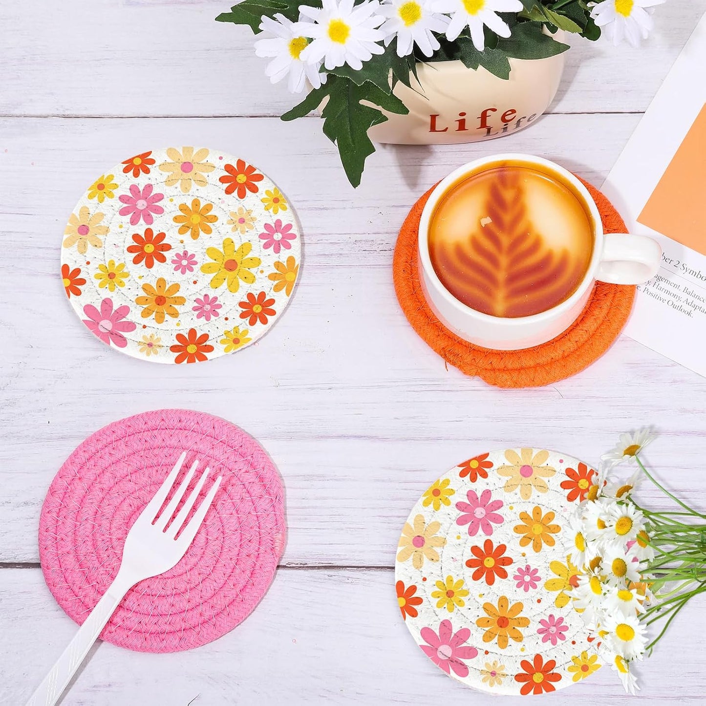 FYSUIMU Boho Floral Cotton Coasters Daisy Flower Handmade Braided Drink Coasters Pink Orange Absorbent Cup Mats for Spring Party Home Office Table Decor Housewarming Gifts, Set of 4