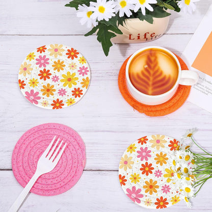 FYSUIMU Boho Floral Cotton Coasters Daisy Flower Handmade Braided Drink Coasters Pink Orange Absorbent Cup Mats for Spring Party Home Office Table Decor Housewarming Gifts, Set of 4