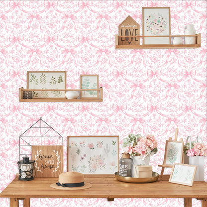FYSUIMU Pink Bow Floral Peel and Stick Wallpaper Roll Coquette Pink Bowknot Flower Self-Adhesive Contact Paper Wall Decoration for Home Bedroom Bathroom Laundry Room, 17 in x 10 Ft