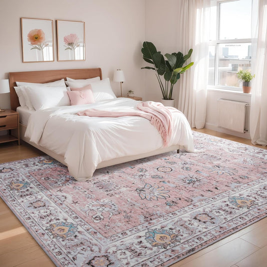 6x9 Washable Area Rug Pink Living Room Non Slip Chenille Floral Vintage Bedroom Carpet Stain Resistant Indoor Low-Pile Soft Patterned Printed Dining Room Rugs