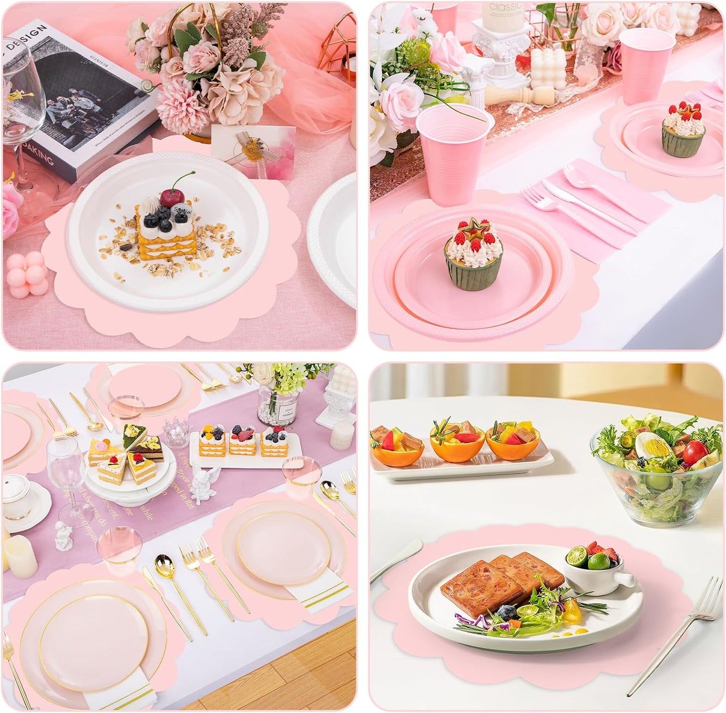 50 Pcs Light Pink Paper Placemats, Disposable Scalloped Placemat Decorative Placemats for Birthday Wedding Baby Shower Banquet Tea Party,13.5 Inch