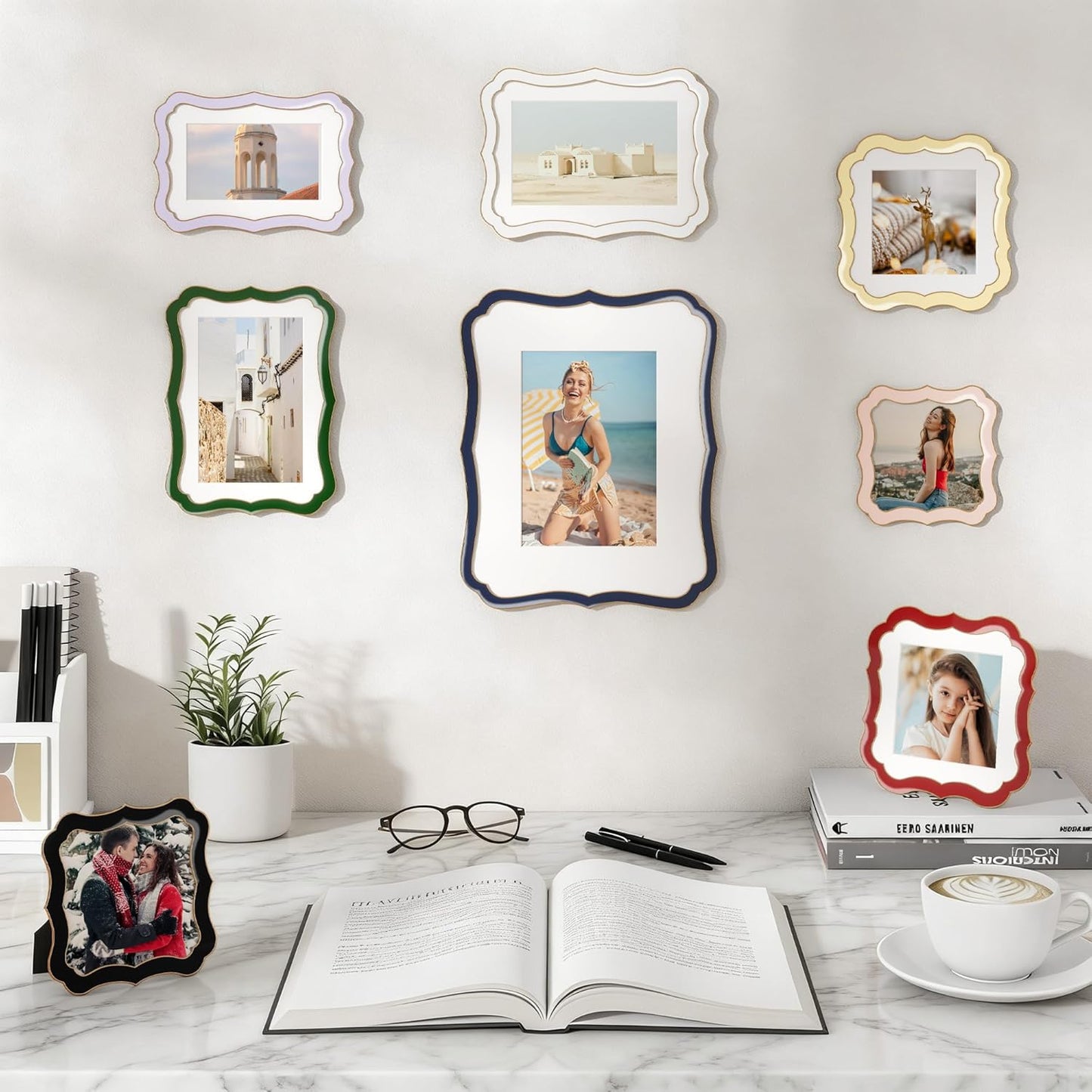 Venusmiles 5x7 Enamel Picture Frame with Mat to 4x6, Wavy Cloud Border, Gold Metal Edge Easel, Real Glass Photo Frame for Wall and Tabletop Display Family Office Photo Gallery, Pink Enamel/1pc
