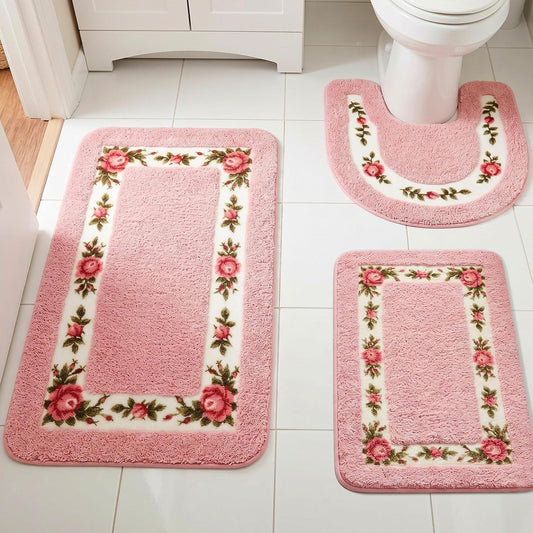 Drydiet 3 Pcs Rose Flowers Bathroom Rugs Set Coquette Room Decor Floral Carpet for Bathroom Bedroom Living Room, Floral Bath Mat Non Skid Romantic Rose Flower Area Rugs 3 Shapes(Pink,Small)