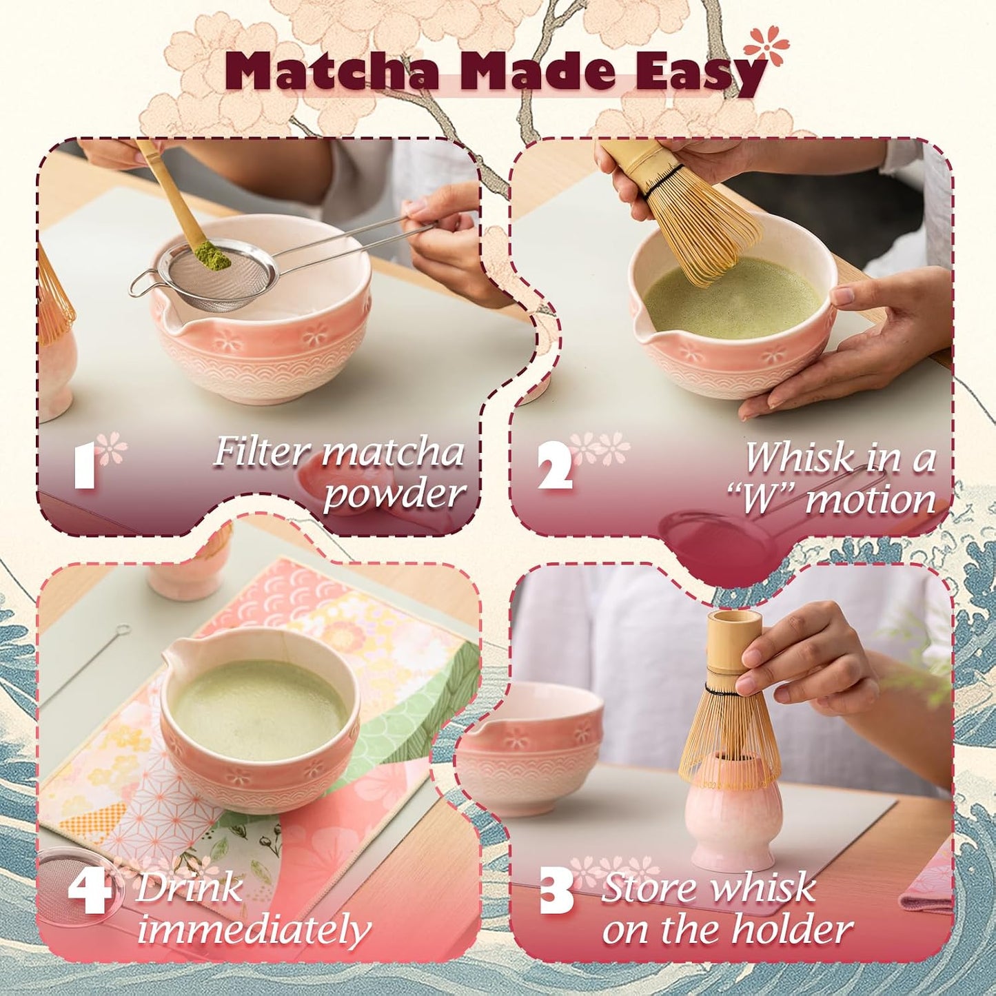 Matcha Tea Set, 8 Pcs Japanese Matcha Kit with Cherry Blossom and Wave Design Ceramic Bowl, Bamboo Whisk, Whisk Holder, Scoop, Sifter, Brush, Matcha Kit Set for Matcha Lovers (Pink Gradient)