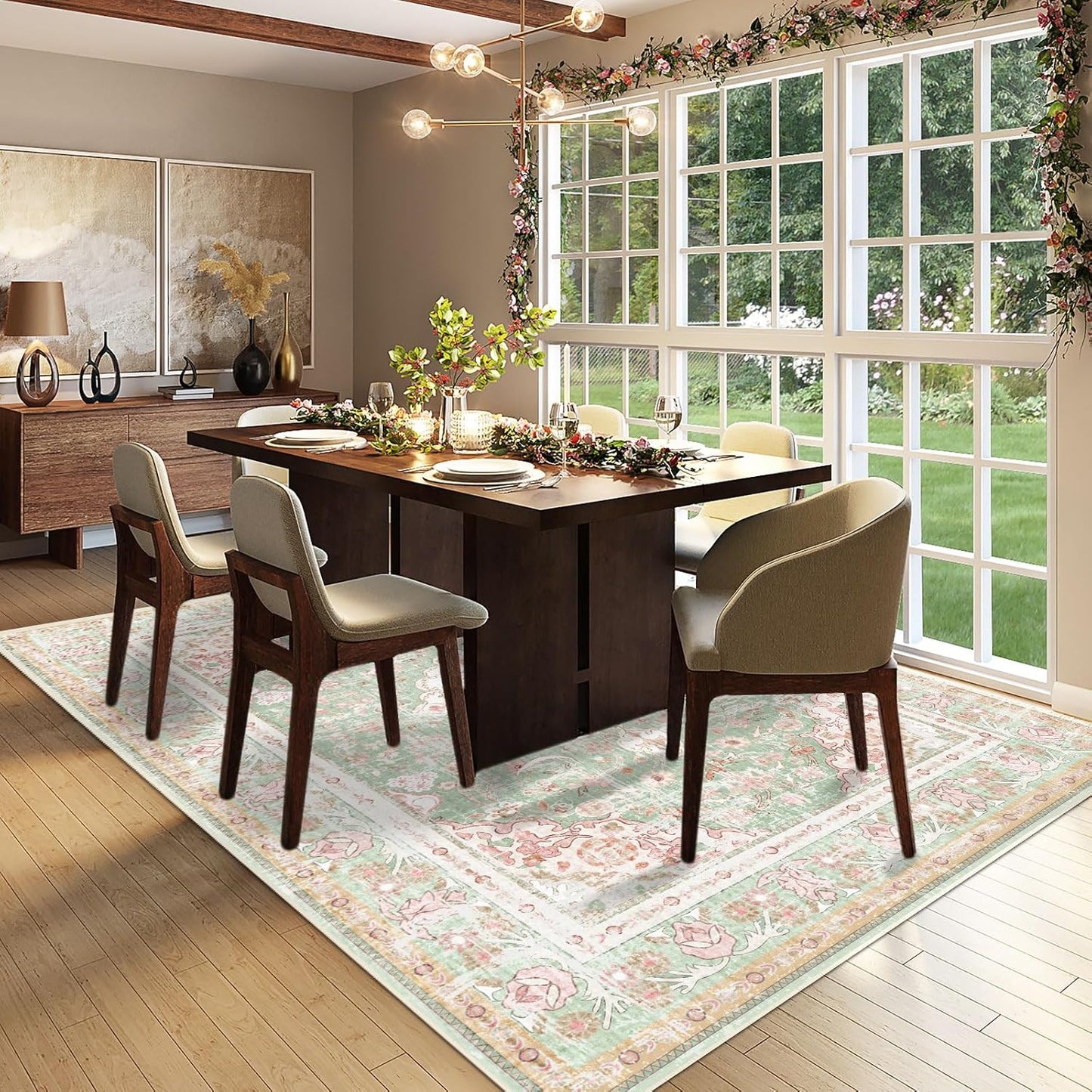 Vhong Washable Area Rugs Boho Vintage Modern Neutral Large Carpet Green and Pink High Traffic Rugs 5×7 for Dinning Room Living Room Bedroom Farmhouse Non Slip