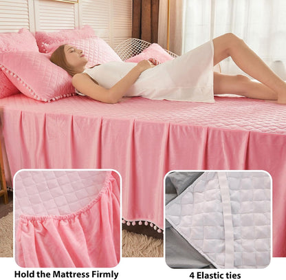 LIFEREVO Luxury Pom Poms Velvet Bed Skirt, Velvet Wrap Around Bed Skirt, Diamond Quilted Fitted Bed Sheet Bedskirt, 18 Inch Drop Dust Ruffle Decorative Bedspread Pompoms Fringe(Twin/Twin XL, Pink)