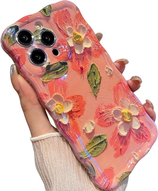Case for iPhone 16, Colorful Retro Oil Painting Printed Flower Laser Glossy Pattern Cute Curly Wave Edge Exquisite Phone Cover Stylish Durable TPU Protective Case (Peach)