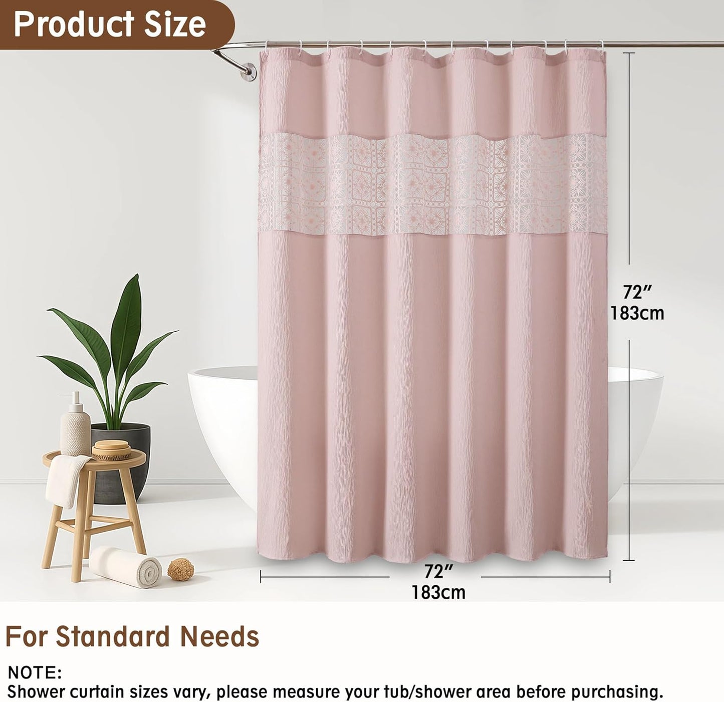 OVZME Blush Pink Boho Shower Curtain 72 Inch Long for Bathroom, Heavy Weighted Textured Crinkle Fabric Shower Curtains with Embroidery Cutwork, Machine Washable Elegant Luxury Bath Curtain, 72Wx72L
