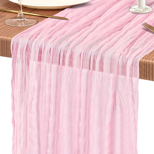 Showgeous Cheesecloth Table Runner 10FT Light Pink Table Runner Boho Gauze Cheese Cloth Table Runners Long Rustic Sheer Table Decorations for Wedding Party Baby Bridal Shower Birthday Holiday Home