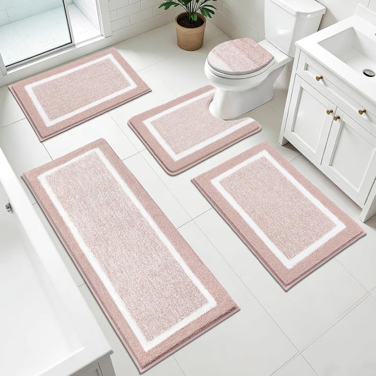 Pauwer Bathroom Rugs Sets 5 Piece Soft Absorbent Microfiber Bath Mat Set Non Slip Machine Washable Rug Plush Shaggy Bath Mats for Bathroom Decor Floor Toilet Tub and Shower, Dusty Pink