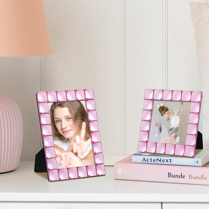 eletecpro 4x4 Cute Jewel Picture Frame with Real Glass and Pink Acrylic Adorned, Kids Room Decor Display Square Photos for Wall Mounting and Tabletop, Set of 2