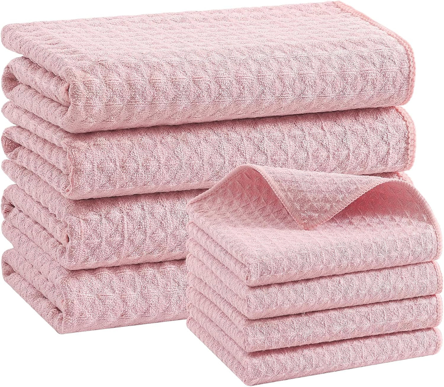 Homaxy Microfiber Waffle Weave Kitchen Towels Set, (16 x 28 & 12 x 12 Inch, Pink) Ultra Absorbent and Solid Color Dish Towels, 8 Pack, Pink