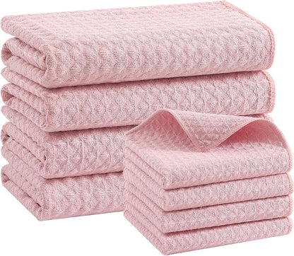 Homaxy Microfiber Waffle Weave Kitchen Towels Set, (16 x 28 & 12 x 12 Inch, Pink) Ultra Absorbent and Solid Color Dish Towels, 8 Pack, Pink