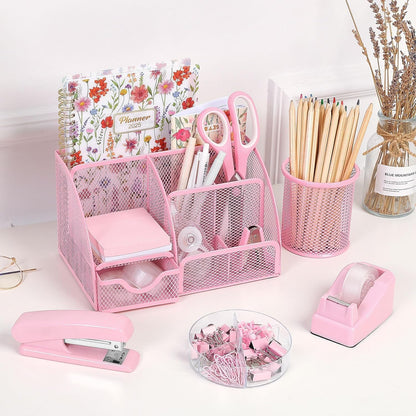 SKYDUE Pink Desk Accessories, Pink Office Supplies Set, Mesh Desk Organizer, Stapler, Tape Dispenser, Scissors, Binder/Paper Clips and 1000pcs Staples,Desk Organizer for Women