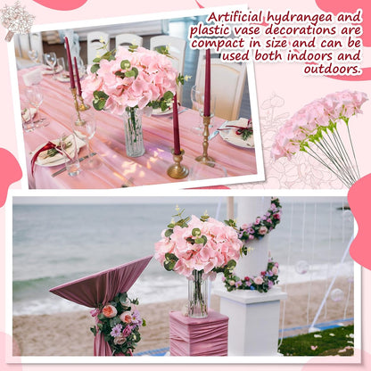 Riceshoot 200 Pcs Wedding Artificial Hydrangea Flowers with Vase Bulk Table Centerpieces 80 Pink Fake Silk Hydrangea 100 Eucalyptus Stems 20 Clear Glass Vases for Wedding Party DIY Decoration