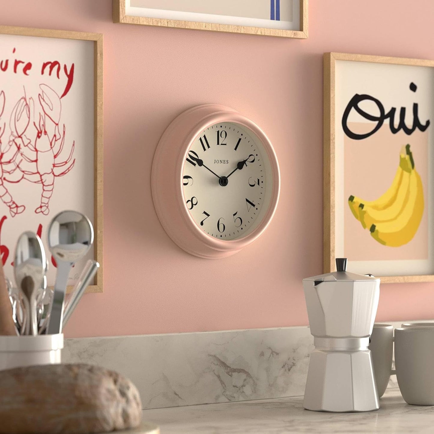 JONES CLOCKS® Frieze wall Clock | Small Elegant Classic Round Clock | 23cm | Pink | Pretty Design Ideal for the Kitchen, Living Room, Bedroom, Large or Small Spaces