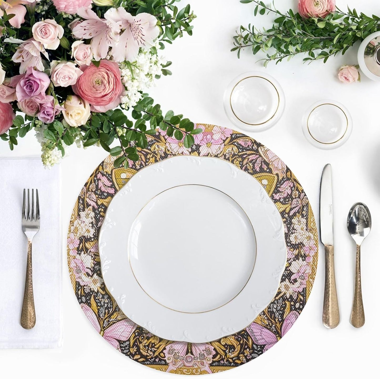 Retro Butterflies Pattern Gold and Peach Round placemates Reversible Quilted placemat Washable Plastic placemats placemats for Dining Table Waterproof placemat Place Settings for 6 for